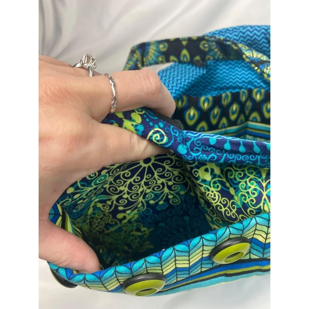 Handmade Peacock-Pattern Quilted Tote Bag – Blue/Green‎ Fabric – 13" x 5" x 10" - Picture 5 of 11